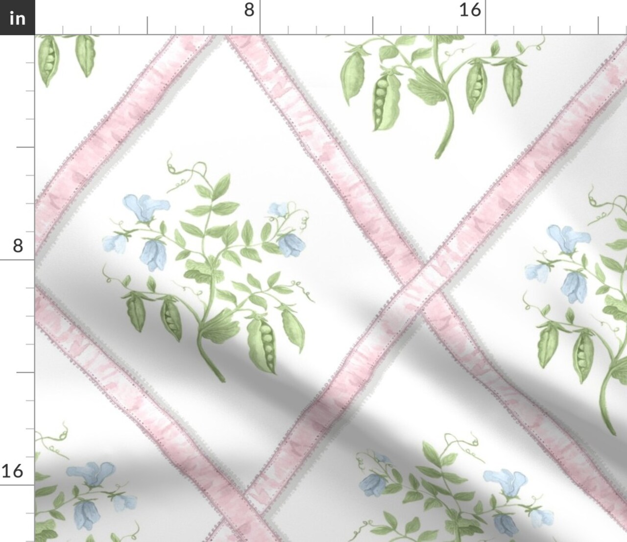 Pink Trellis Ribbons Sweet Pea Plant Blue Green Grandmillenial Custom Printed Fabric by Spoonflower Various Fabrics by the Yard or Fat Quarter